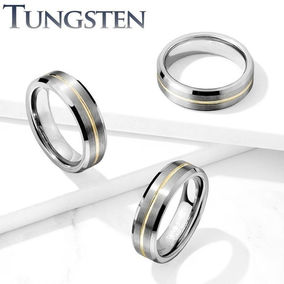 Brushed Finish Gold Groove Beveled Edges Tungsten Carbide Ring. 6mm‎ size 7 - Picture 1 of 3